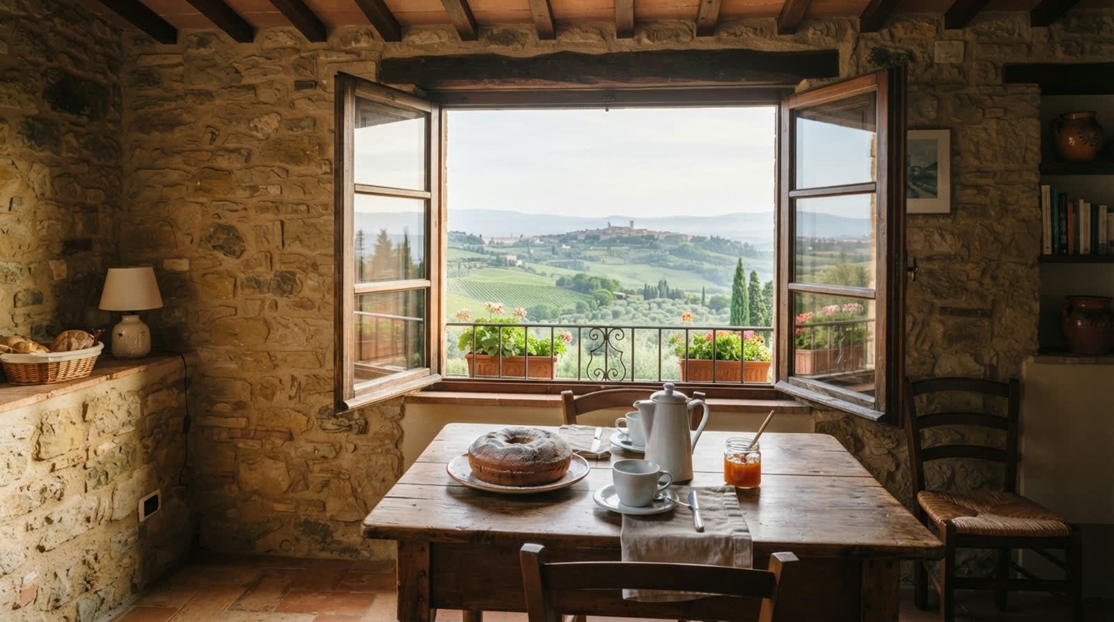 La sala della colazione con la finestra aperta sulle colline umbre