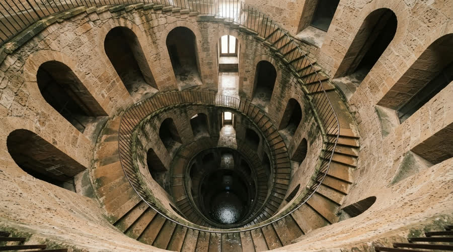 La doppia scala a chiocciola di un pozzo rinascimentale scavato nel tufo