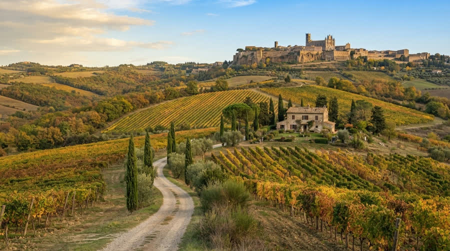 I vigneti sulle colline intorno a Orvieto in autunno