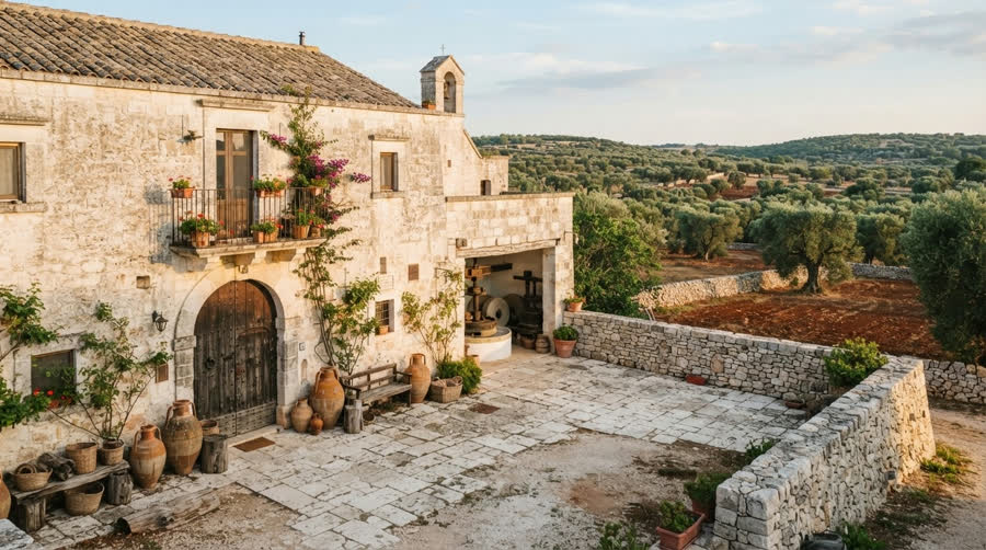 Una masseria in pietra con l'uliveto intorno
