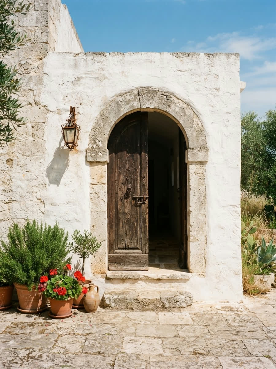 La porta ad arco in pietra della casa, con i vasi di rosmarino accanto