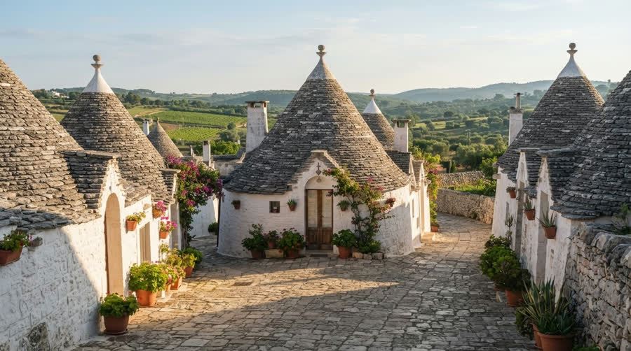Trulli con i tetti conici nella Valle d'Itria